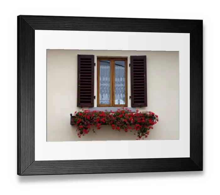 Framed Print : Italy, Radda in Chianti. Flower boxes with red geraniums below a window with shutters Framed Print : Italy, Radda in Chianti. Flower boxes with red geraniums below a window with shutters