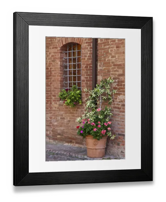Framed Print : Italy, Tuscany, Crete Senesi, Asciano. Street scene with potted flowers near the entrance of a home in the hill town of Asciano