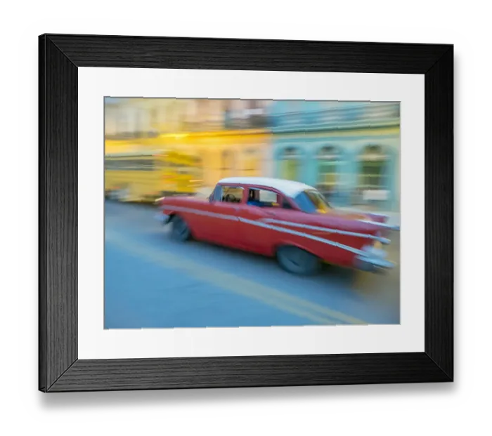 Framed Print : Caribbean, Cuba, Havana, Havana Vieja, UNESCO World Heritage Site, classic car in motion