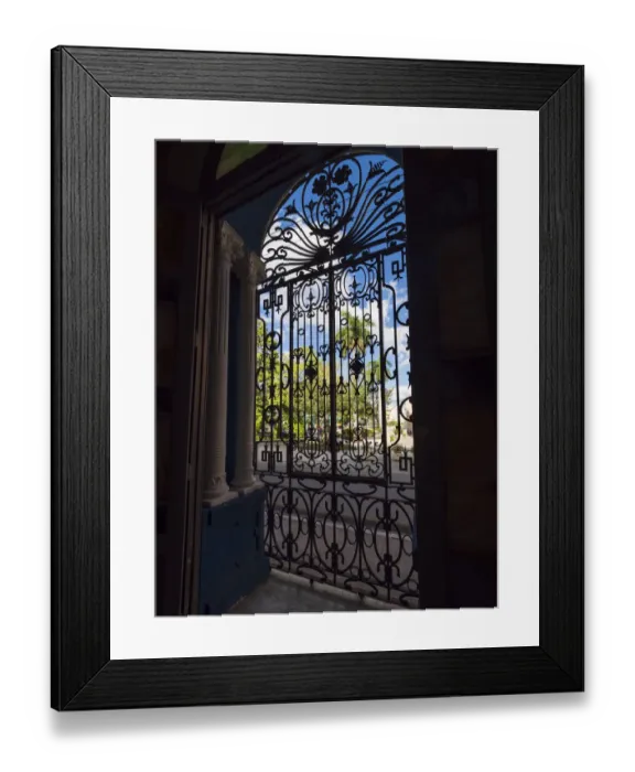 Framed Print : Cuba, Camaguey, UNESCO World Heritage Site, wrought iron grill in giant window of colonial mansion