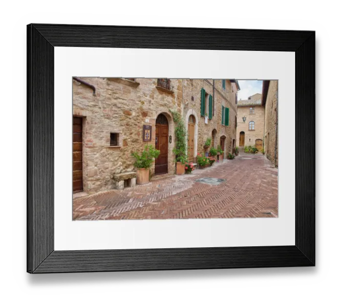 Framed Print : Italy, Tuscany, Pienza. Flower pots and potted plants decorate a narrow street in a Tuscany village Framed Print : Italy, Tuscany, Pienza. Flower pots and potted plants decorate a narrow street in a Tuscany village