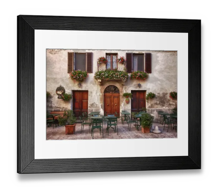 Framed Print : Italy, Tuscany, Pienza. Tables and chairs set up outside for outdoor dining in the town of Pienza Framed Print : Italy, Tuscany, Pienza. Tables and chairs set up outside for outdoor dining in the town of Pienza