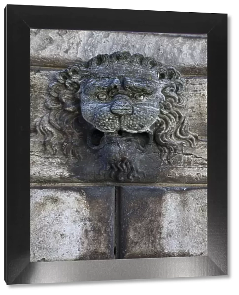 Italy, Tuscany, Montepulciano. Carving of a lions head on a stone building
