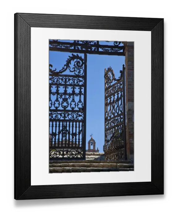 Framed Print : Italy, Tuscany, Montepulciano. The wrought iron gate leading to the cemetery near the Church of San Biaggio