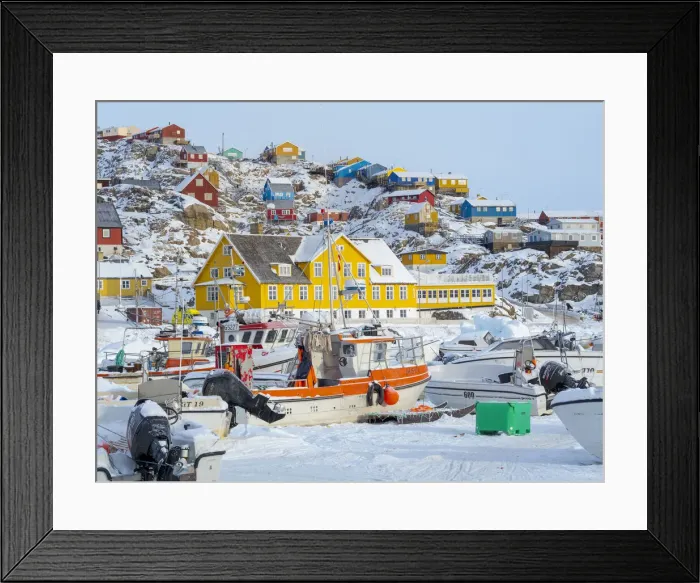 Framed Print : The frozen harbor of Uummannaq during winter in northern West Greenland beyond the Arctic Circle. Greenland, Danish territory Framed Print : The frozen harbor of Uummannaq during winter in northern West Greenland beyond the Arctic Circle. Greenland, Danish territory