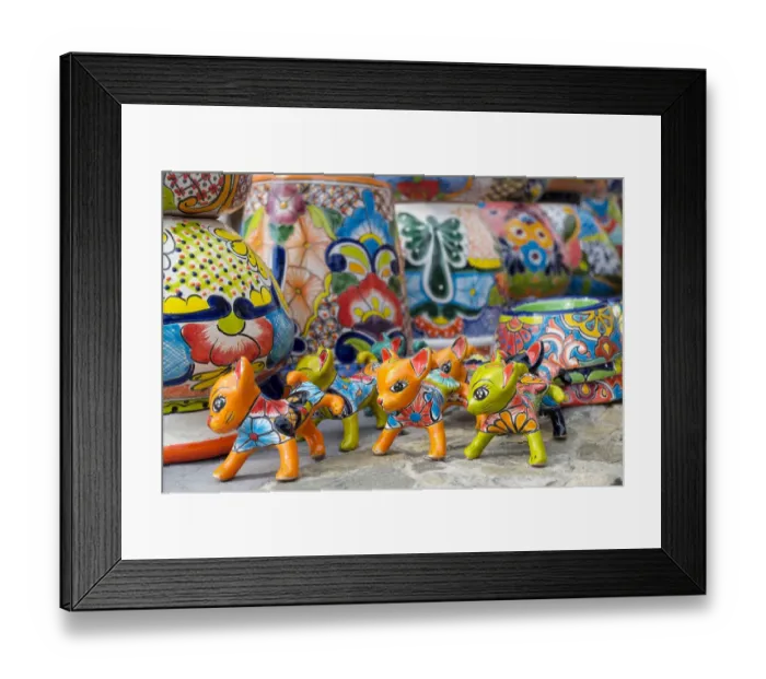 Framed Print : Todos Santos, Mexico. Colorful pottery cats and other items for sale Framed Print : Todos Santos, Mexico. Colorful pottery cats and other items for sale
