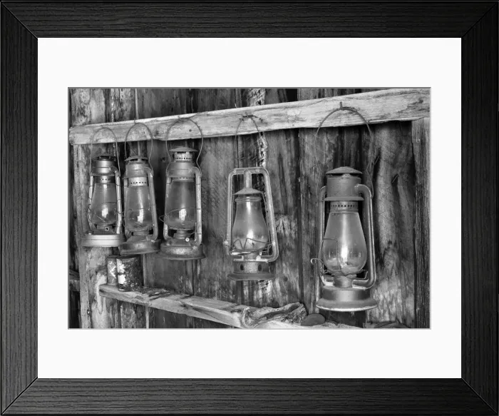 Framed Print : Antique lanterns, Bodie State Historic Park viewed through window, California