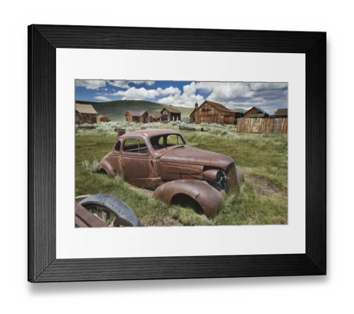 Framed Print : Abandoned automobile, Bodie State Historic Park viewed through window, California
