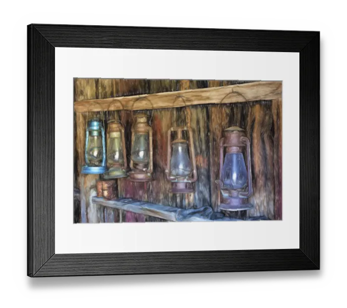 Framed Print : Painting effect on antique lanterns, Bodie State Historic Park viewed through window, California Framed Print : Painting effect on antique lanterns, Bodie State Historic Park viewed through window, California