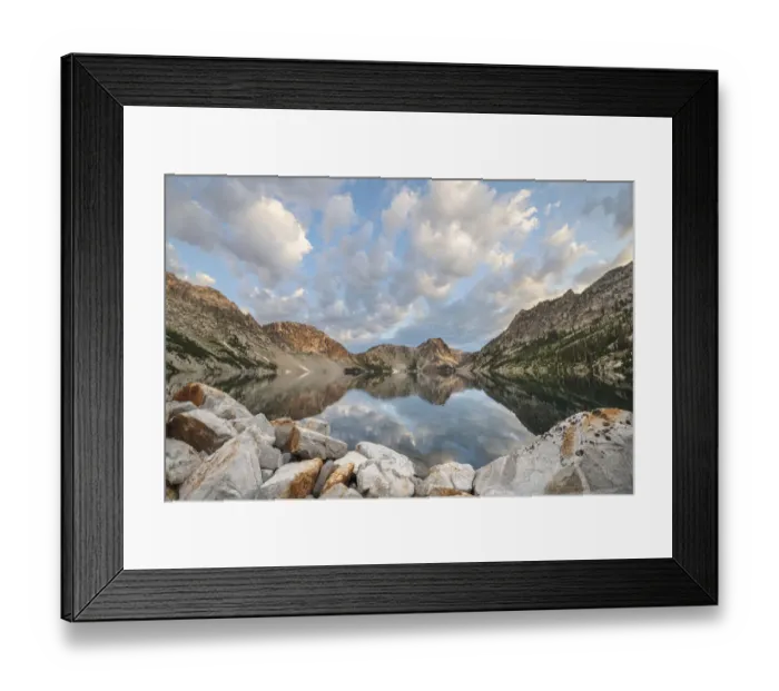 Framed Print : Morning clouds mirrored in still waters of Sawtooth Lake, Sawtooth Mountains Wilderness, Idaho Framed Print : Morning clouds mirrored in still waters of Sawtooth Lake, Sawtooth Mountains Wilderness, Idaho