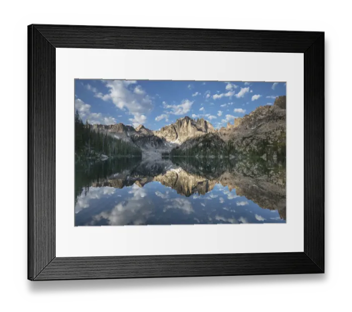 Framed Print : Monte Verita Peak mirrored in still waters of Baron Lake, Sawtooth Mountains Wilderness, Idaho Framed Print : Monte Verita Peak mirrored in still waters of Baron Lake, Sawtooth Mountains Wilderness, Idaho