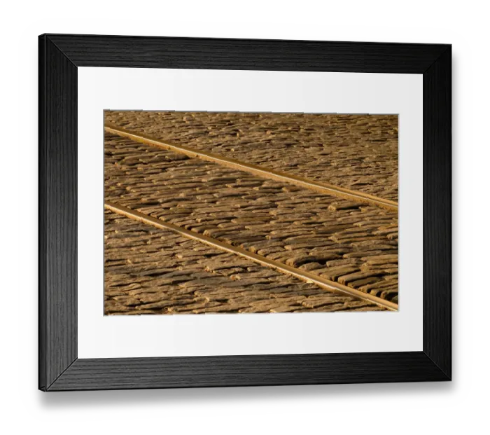 Framed Print : USA, Georgia, Savannah. Old railroad tracks along cobblestone at River Street