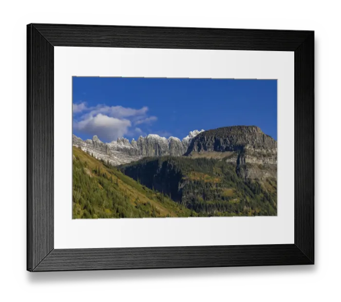 Framed Print : The Garden Wall and Haystack Butte with seasons first snow in Glacier National Park, Montana, USA
