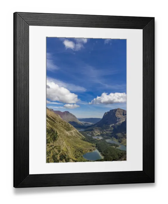 Framed Print : Looking down on Chain of Lakes to the Many Glacier Valley from Swiftcurrent Pass area in Glacier National Park, Montana, USA