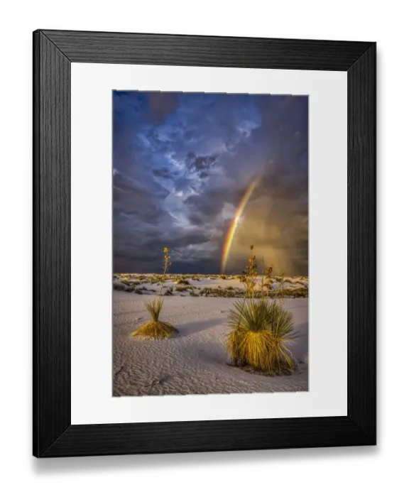 Framed Print : USA, New Mexico, White Sands National Park. Thunderstorm rainbow over desert