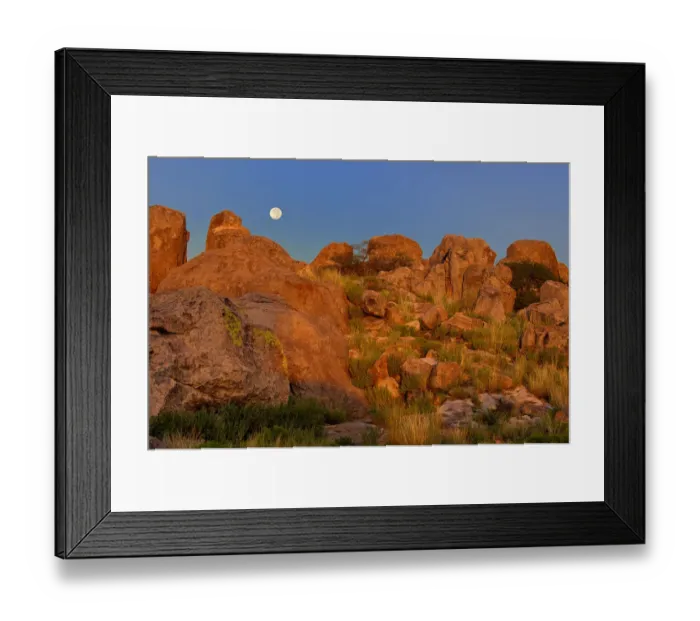 Framed Print : USA, New Mexico, City of Rocks State Park. Full moon sets over granite boulders lit by sunrise Framed Print : USA, New Mexico, City of Rocks State Park. Full moon sets over granite boulders lit by sunrise