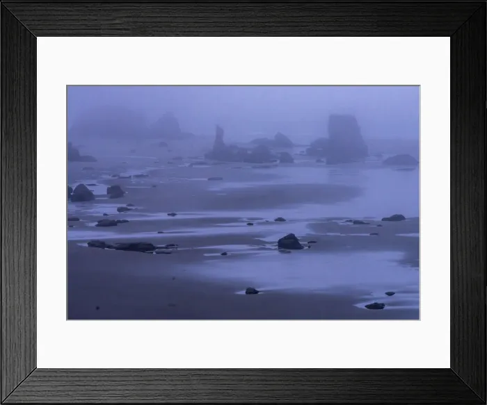 Framed Print : USA, Oregon, Bandon Beach. Foggy sunrise on beach and sea stacks Framed Print : USA, Oregon, Bandon Beach. Foggy sunrise on beach and sea stacks