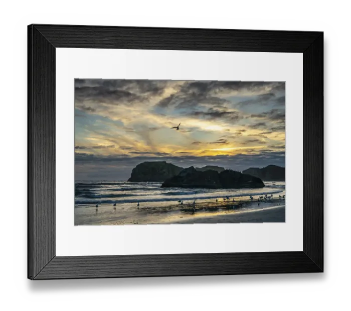Framed Print : USA, Oregon, Bandon Beach. Pacific Ocean sea stacks and birds at sunset