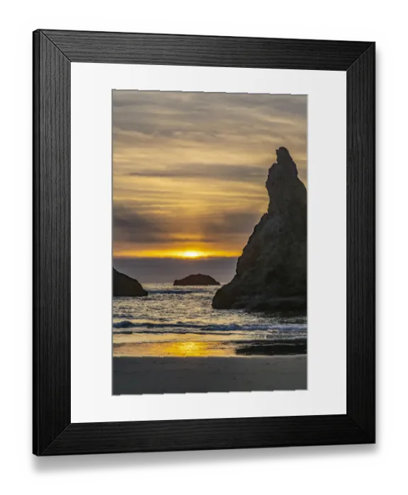 Framed Print : USA, Oregon, Bandon Beach. Pacific Ocean sea stacks at sunset