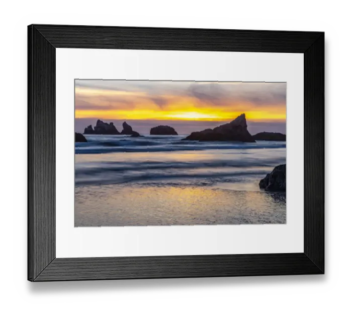 Framed Print : USA, Oregon, Bandon Beach. Pacific Ocean sea stacks at sunset