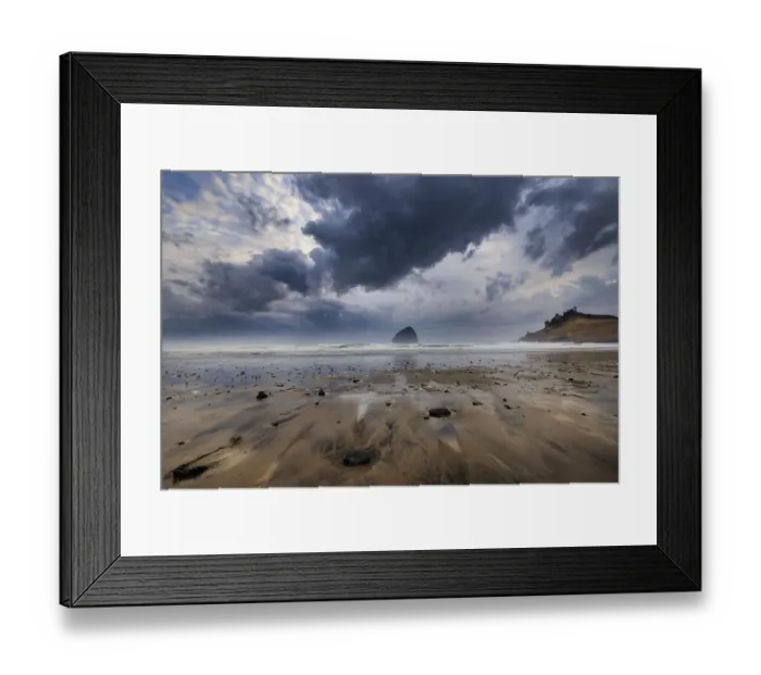 Framed Print : Storm clouds at low tide on beach at Cape Kiwanda in Pacific City, Oregon, USA
