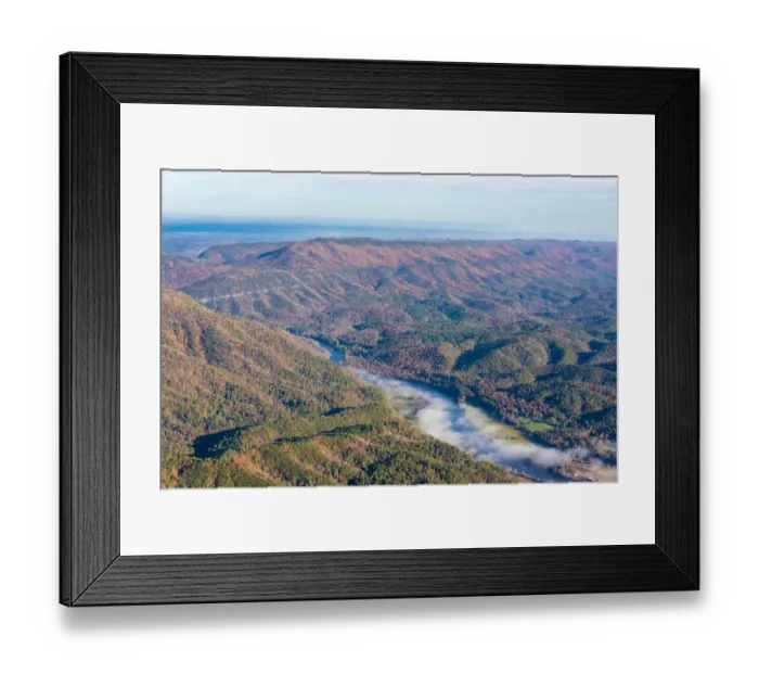 Framed Print : USA, Tennessee. Morning fog Hiwassee River, Blue Ridge fall color Framed Print : USA, Tennessee. Morning fog Hiwassee River, Blue Ridge fall color