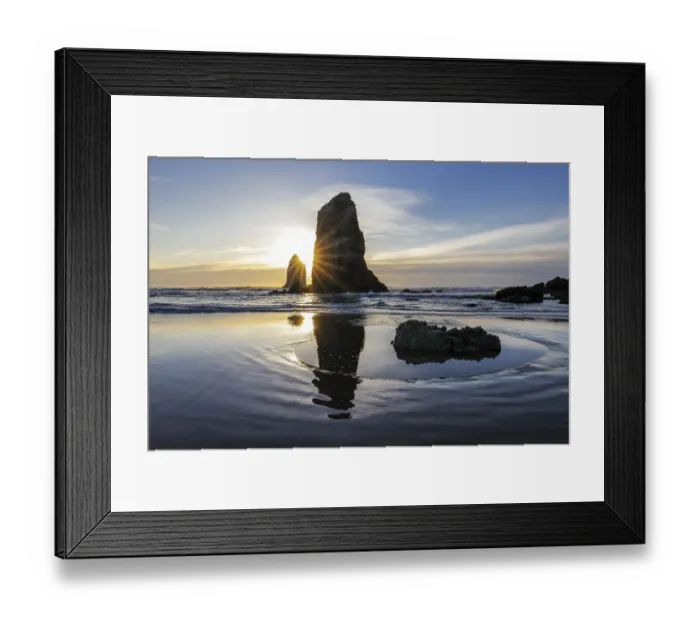 Framed Print : Haystack Rock Pinnacles at low tide in Cannon Beach, Oregon, USA