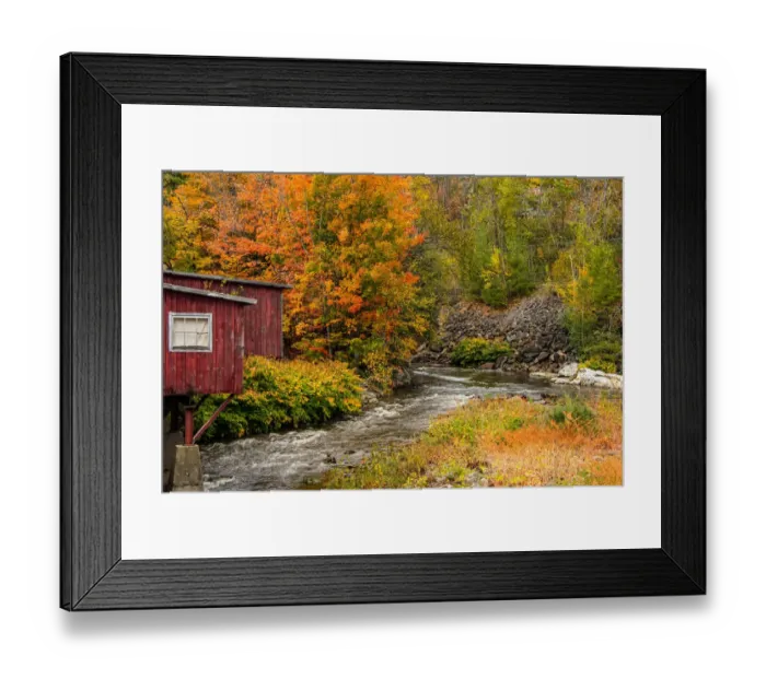 Framed Print : USA, Vermont, Stowe, red mill on Little River as it flows south of Stowe to Winooski River, fall foliage Framed Print : USA, Vermont, Stowe, red mill on Little River as it flows south of Stowe to Winooski River, fall foliage