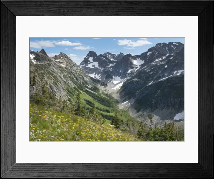 Framed Print : Upper Fisher Creek basin. Fisher Peak, Black Peak and Mount Arriva are in the distance. North Cascades National Park, Washington State