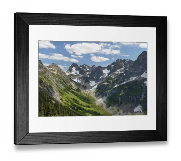 Framed Print : Upper Fisher Creek basin. Fisher Peak, Black Peak and Mount Arriva are in the distance. North Cascades National Park, Washington State Framed Print : Upper Fisher Creek basin. Fisher Peak, Black Peak and Mount Arriva are in the distance. North Cascades National Park, Washington State