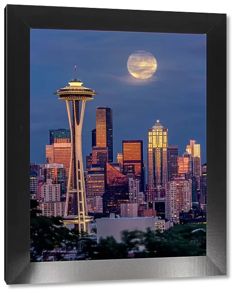Seattle skyline and super moon at dusk, Seattle, Washington State