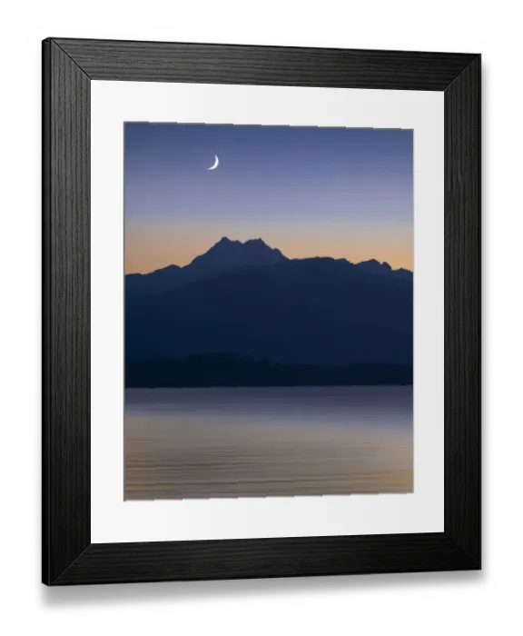 Framed Print : USA, Washington State, Seabeck. Crescent moon at sunset over Hood Canal and Olympic Mountains Framed Print : USA, Washington State, Seabeck. Crescent moon at sunset over Hood Canal and Olympic Mountains