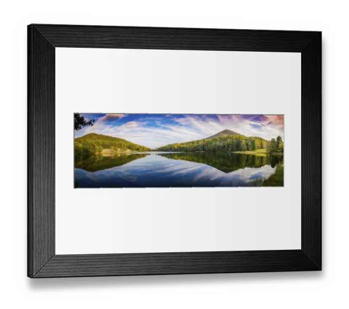 Framed Print : Peaks Of Otter lake reflections panorama, Blue Ridge Parkway, USA Framed Print : Peaks Of Otter lake reflections panorama, Blue Ridge Parkway, USA