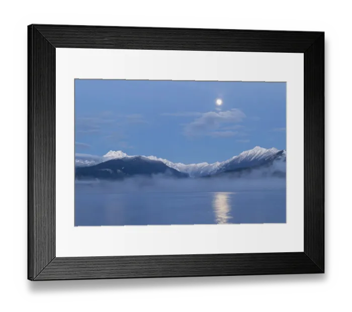Framed Print : USA, Washington State, Seabeck. Moon setting over Olympic Mountains and Hood Canal