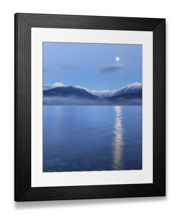 Framed Print : USA, Washington State, Seabeck. Moon setting over the Olympic Mountains and Hood Canal Framed Print : USA, Washington State, Seabeck. Moon setting over the Olympic Mountains and Hood Canal
