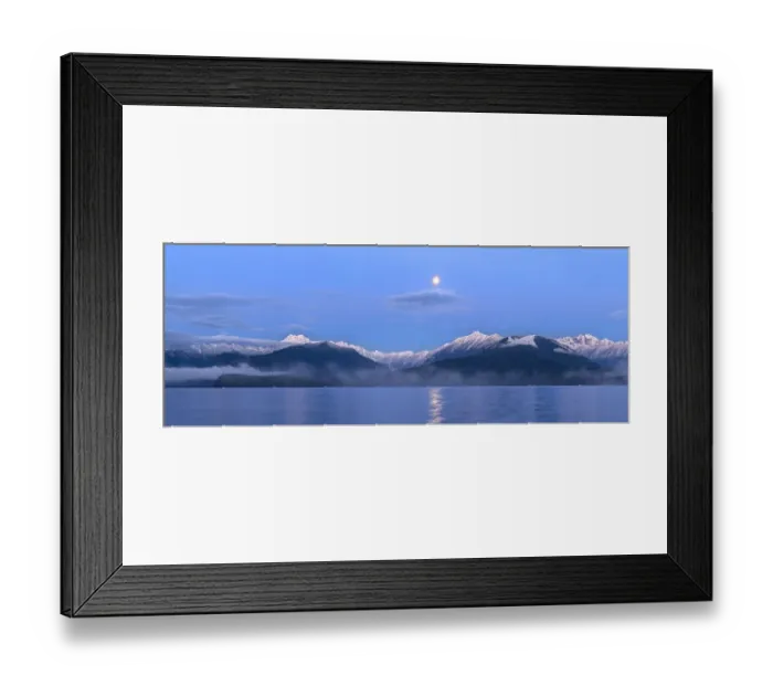 Framed Print : USA, Washington State, Seabeck. Panoramic of moon setting over Olympic Mountains and Hood Canal Framed Print : USA, Washington State, Seabeck. Panoramic of moon setting over Olympic Mountains and Hood Canal