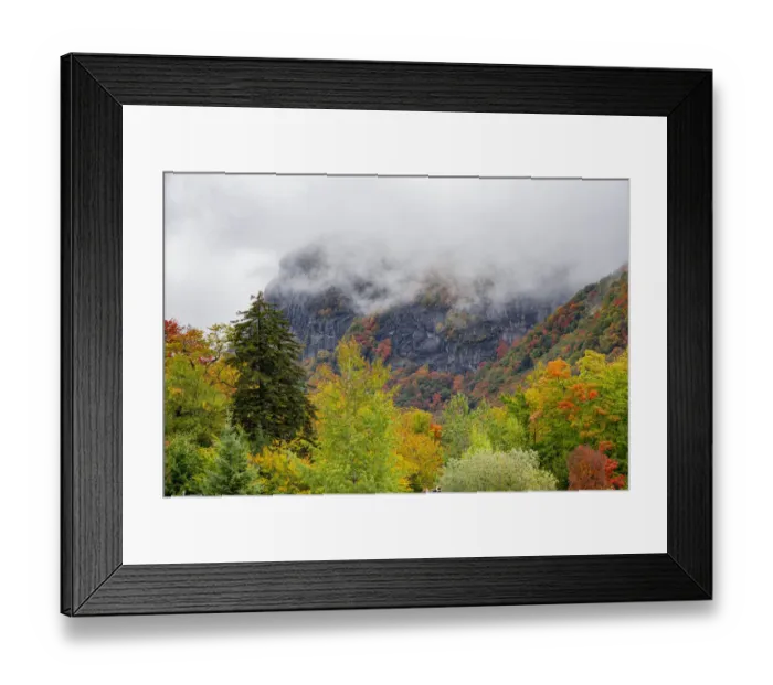 Framed Print : USA, Vermont, New England, Stowe Mt. Mansfield parking lot view with fog on mountains Framed Print : USA, Vermont, New England, Stowe Mt. Mansfield parking lot view with fog on mountains