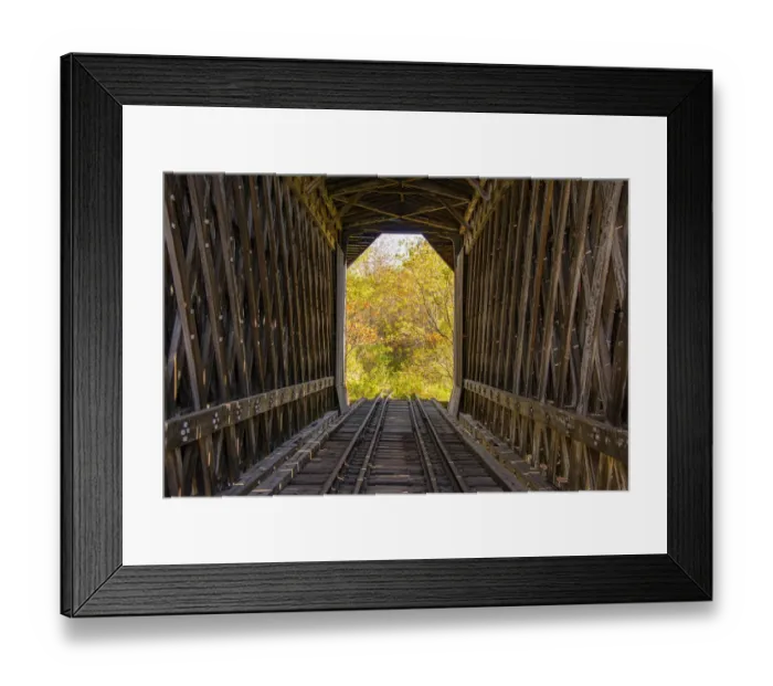 Framed Print : USA, Vermont, Fall foliage seen off Rt. 15, Wolcott, Fisher Covered Railroad Bridge (1908), Lamoille County