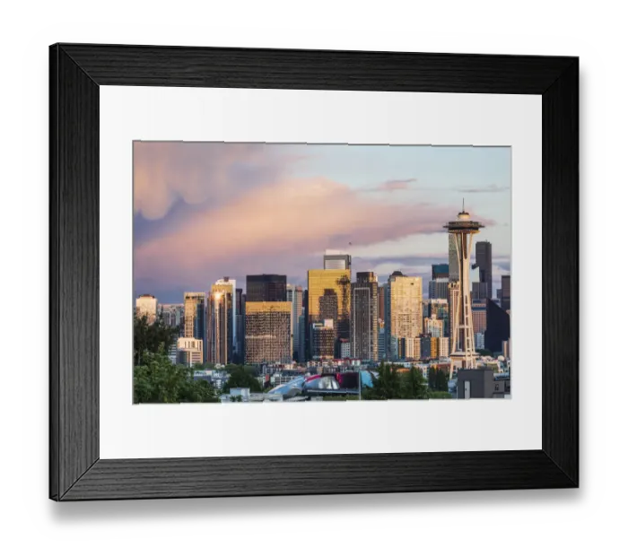 Framed Print : Seattle, Washington State, USA. Downtown Seattle at sunset on a summer day Framed Print : Seattle, Washington State, USA. Downtown Seattle at sunset on a summer day