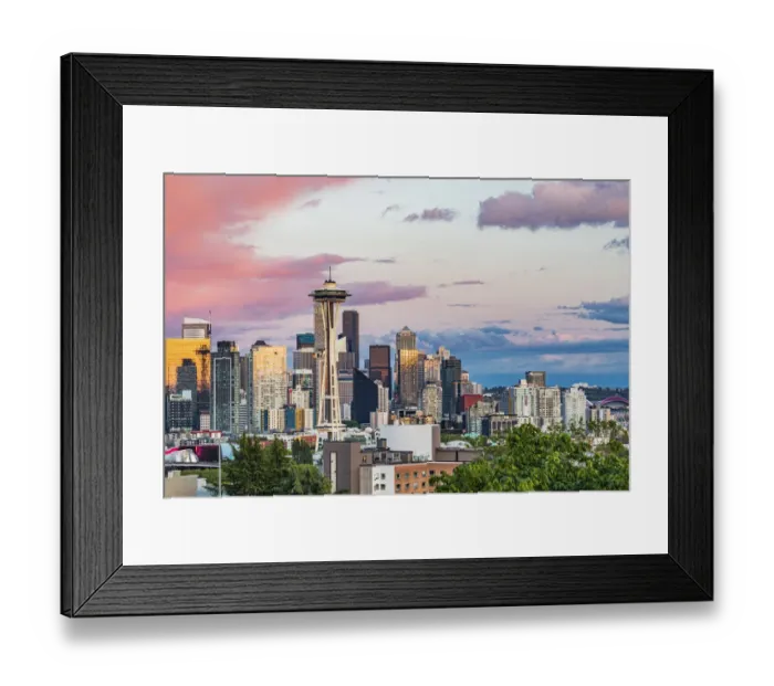 Framed Print : Seattle, Washington State, USA. Downtown Seattle at sunset on a summer day Framed Print : Seattle, Washington State, USA. Downtown Seattle at sunset on a summer day