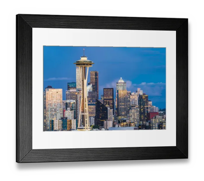 Framed Print : Seattle, Washington State, USA. Downtown Seattle at sunset on a summer day