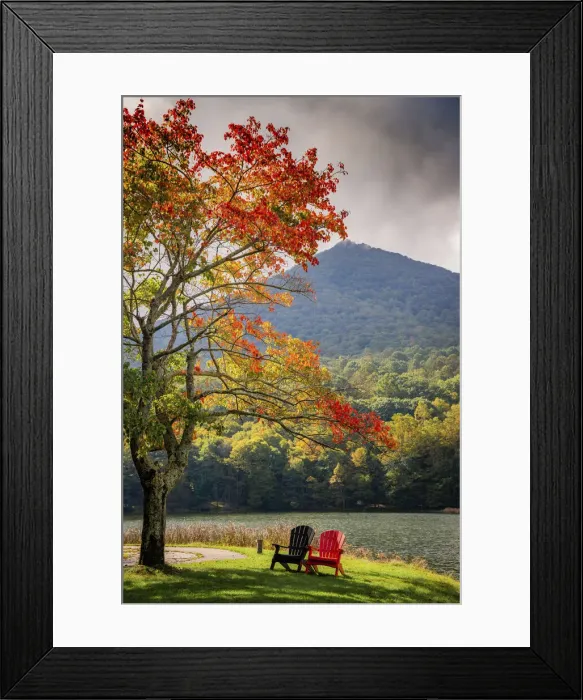 Framed Print : Colorful chairs on the banks of the lake, Peaks Of Otter, Blue Ridge Parkway, Smoky Mountains, USA
