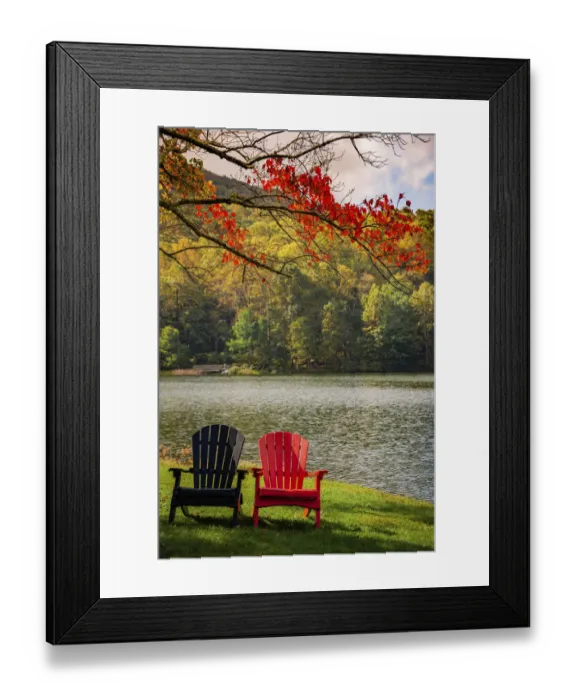 Framed Print : Colorful chairs on the banks of the lake, Peaks Of Otter, Blue Ridge Parkway, Smoky Mountains, USA Framed Print : Colorful chairs on the banks of the lake, Peaks Of Otter, Blue Ridge Parkway, Smoky Mountains, USA