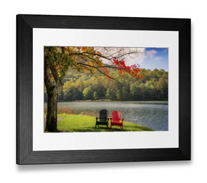 Framed Print : Colorful chairs on the banks of the lake, Peaks Of Otter, Blue Ridge Parkway, Smoky Mountains, USA Framed Print : Colorful chairs on the banks of the lake, Peaks Of Otter, Blue Ridge Parkway, Smoky Mountains, USA