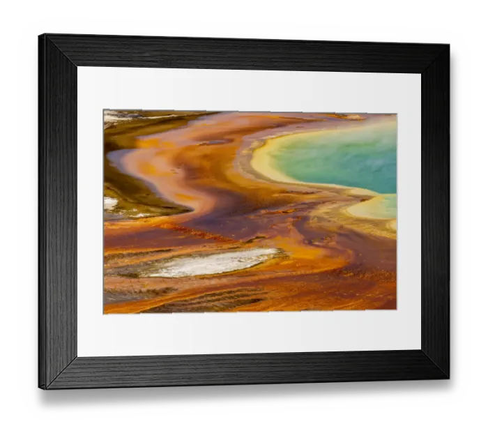 Framed Print : Elevated view of patterns in bacterial mat around Grand Prismatic spring, Midway Geyser Basin, Yellowstone National Park, Wyoming Framed Print : Elevated view of patterns in bacterial mat around Grand Prismatic spring, Midway Geyser Basin, Yellowstone National Park, Wyoming