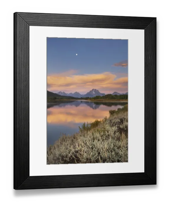 Framed Print : Full moon, orange clouds at Oxbow Bend at sunrise, Grand Teton National Park, Wyoming