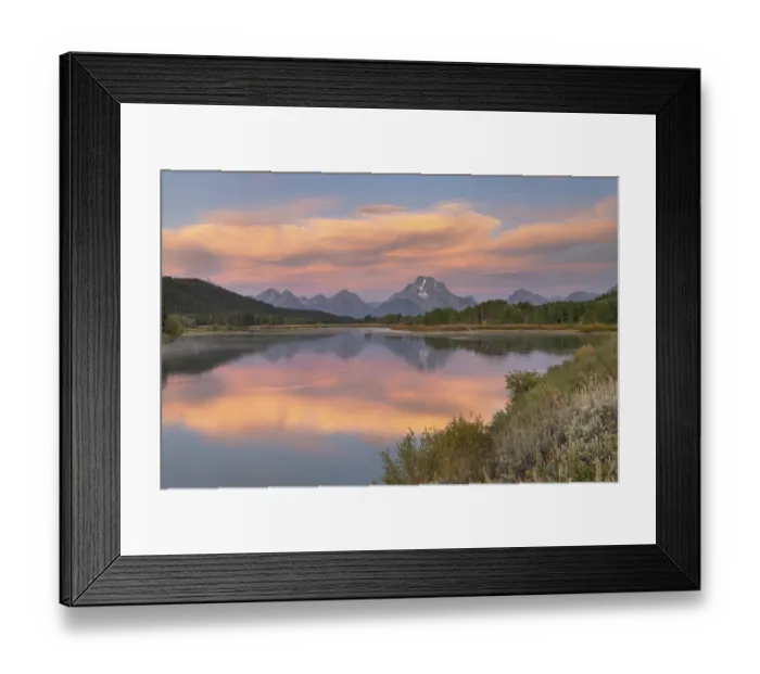 Framed Print : Orange clouds and Mount Moran reflected in still waters of the Snake River at Oxbow Bend at sunrise, Grand Teton National Park, Wyoming Framed Print : Orange clouds and Mount Moran reflected in still waters of the Snake River at Oxbow Bend at sunrise, Grand Teton National Park, Wyoming