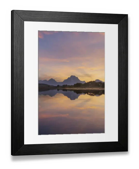 Framed Print : Mount Moran and clouds glowing red and orange at Oxbow Bend, Grand Teton National Park, Wyoming