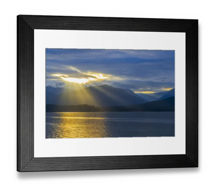 Framed Print : USA, Washington State, Seabeck. Sunburst over Hood Canal and Olympic Mountains at sunset