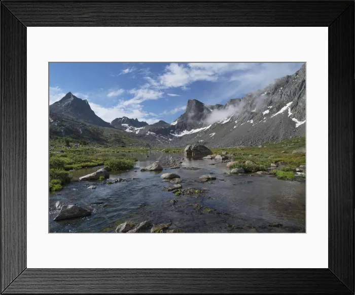 Framed Print : Nylon Peak and Pronghorn Peak near outlet of Lee Lake, Bridger Wilderness. Wind River Range, Wyoming